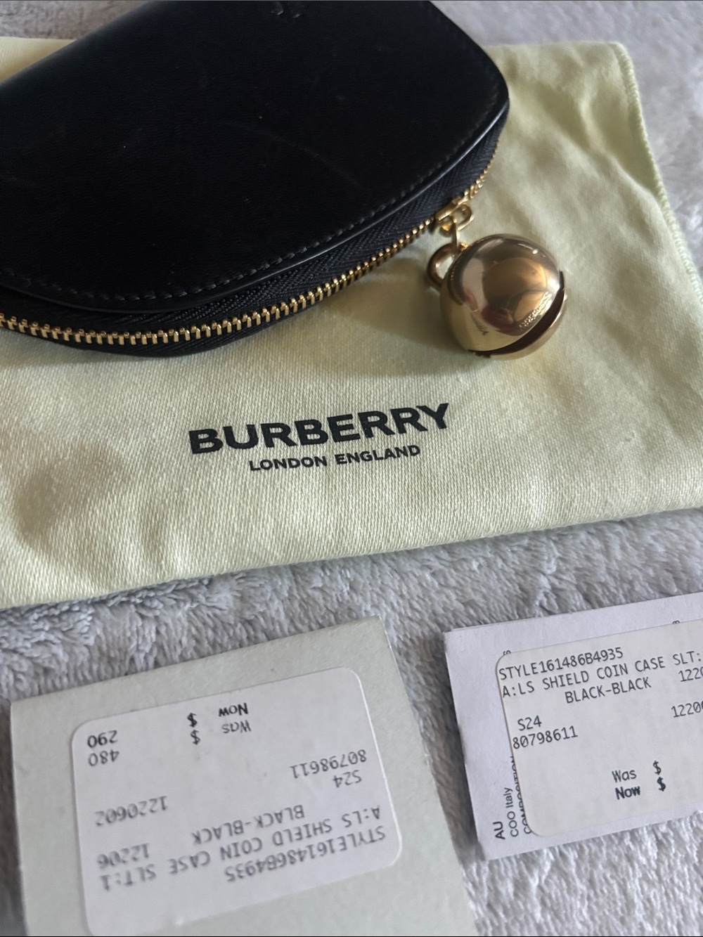 Burberry Black Leather Coin Pouch with Gold Orb Charm